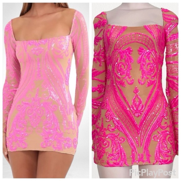 Lucy in the Sky Giulia Iridescent Sequin Mesh Dress in Pink SZ S - Picture 1 of 12